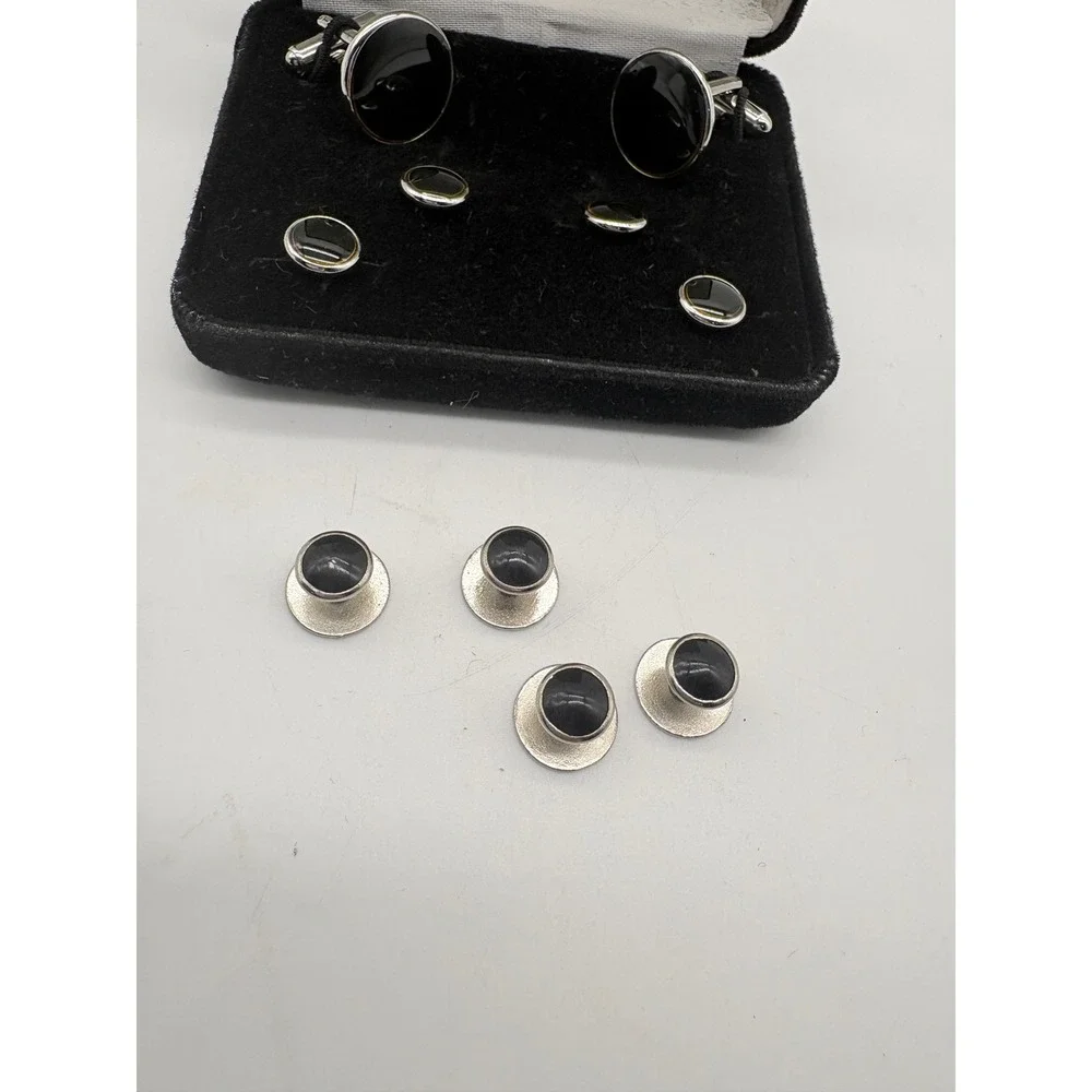 After Six Vintage Mens Cufflinks and Shirt Studs Set Black Silver Round Formal